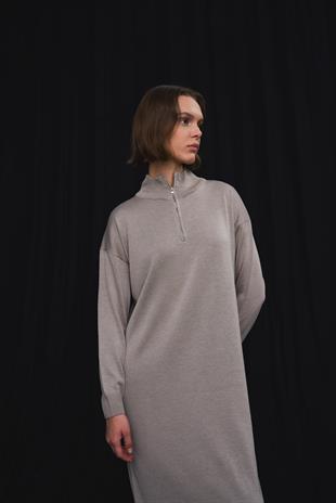 VİZON DİK YAKA FERMUARLI TRİKO ELBİSE