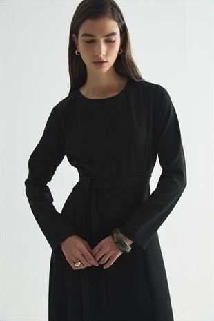 YÜN EFEKT KUPLU MAXI ELBİSE SİYAH