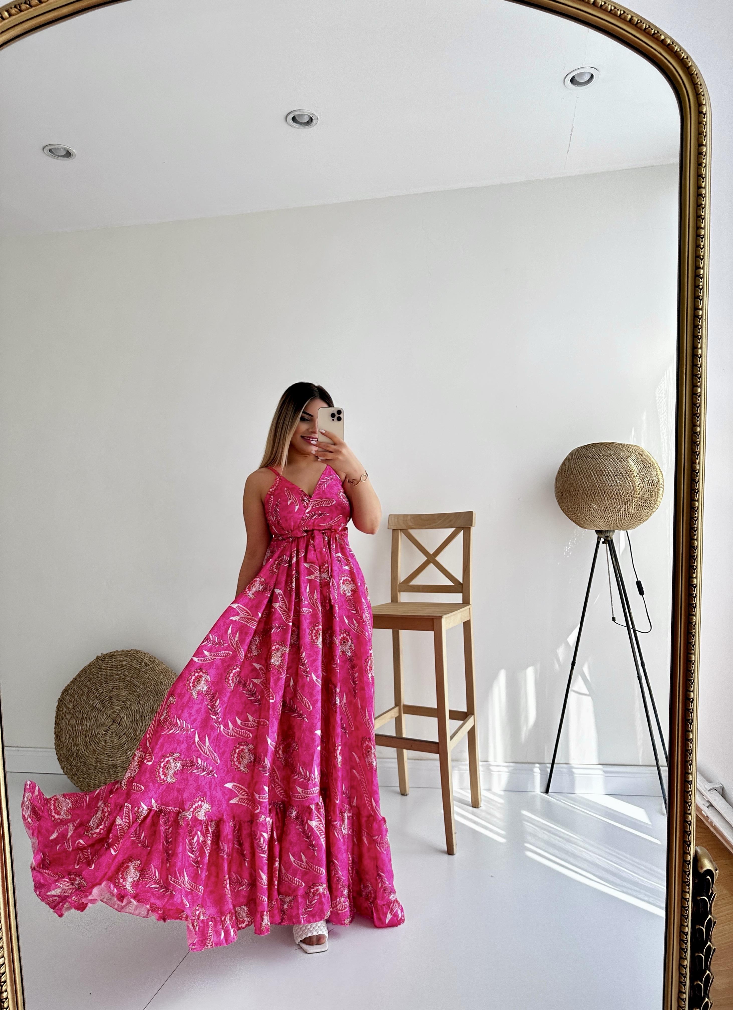 Askılı Eteği Volanlı Saten Elbise Pembe