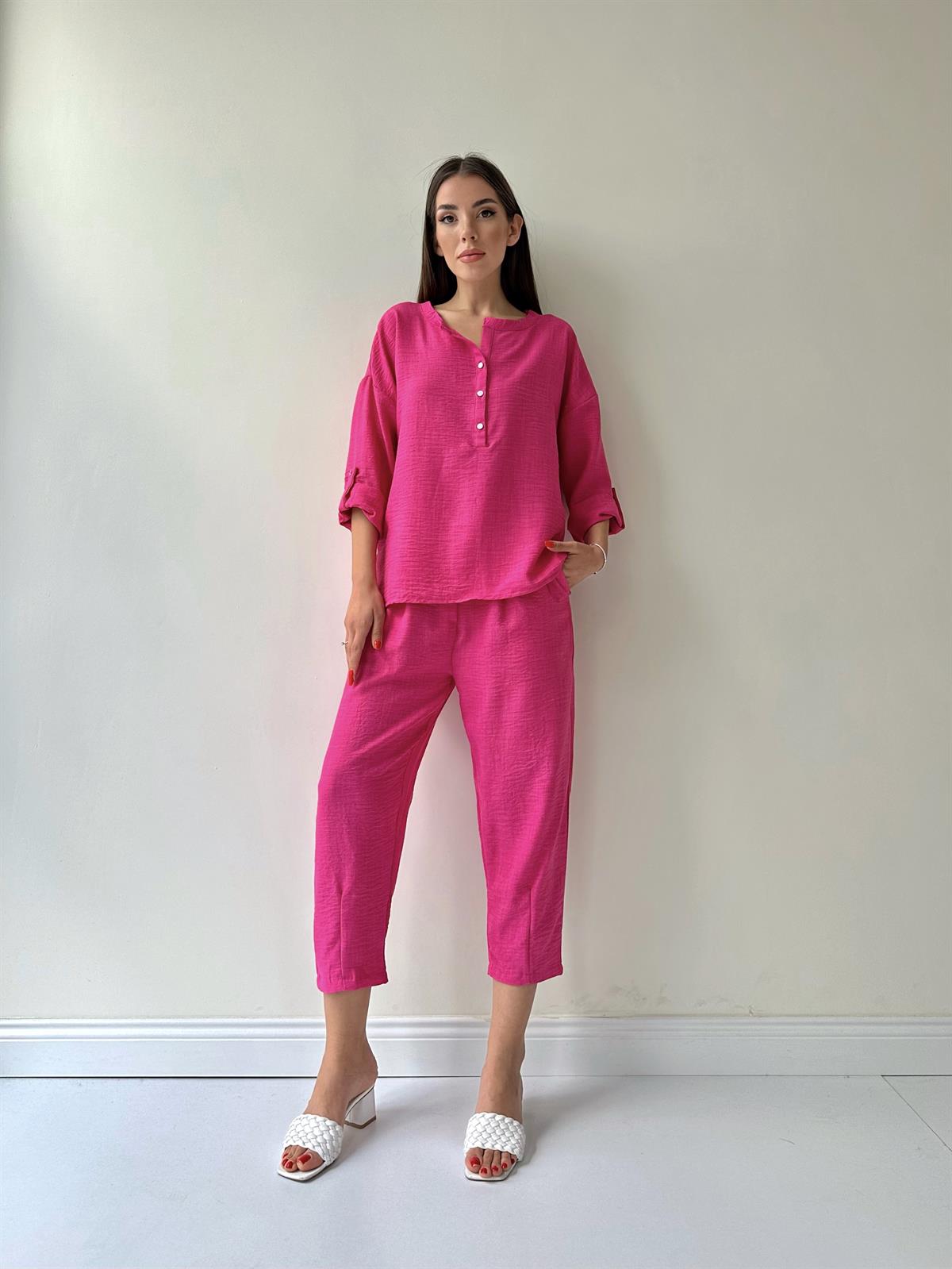 Belis Önü Düğmeli Keten İkili Takım Pembe