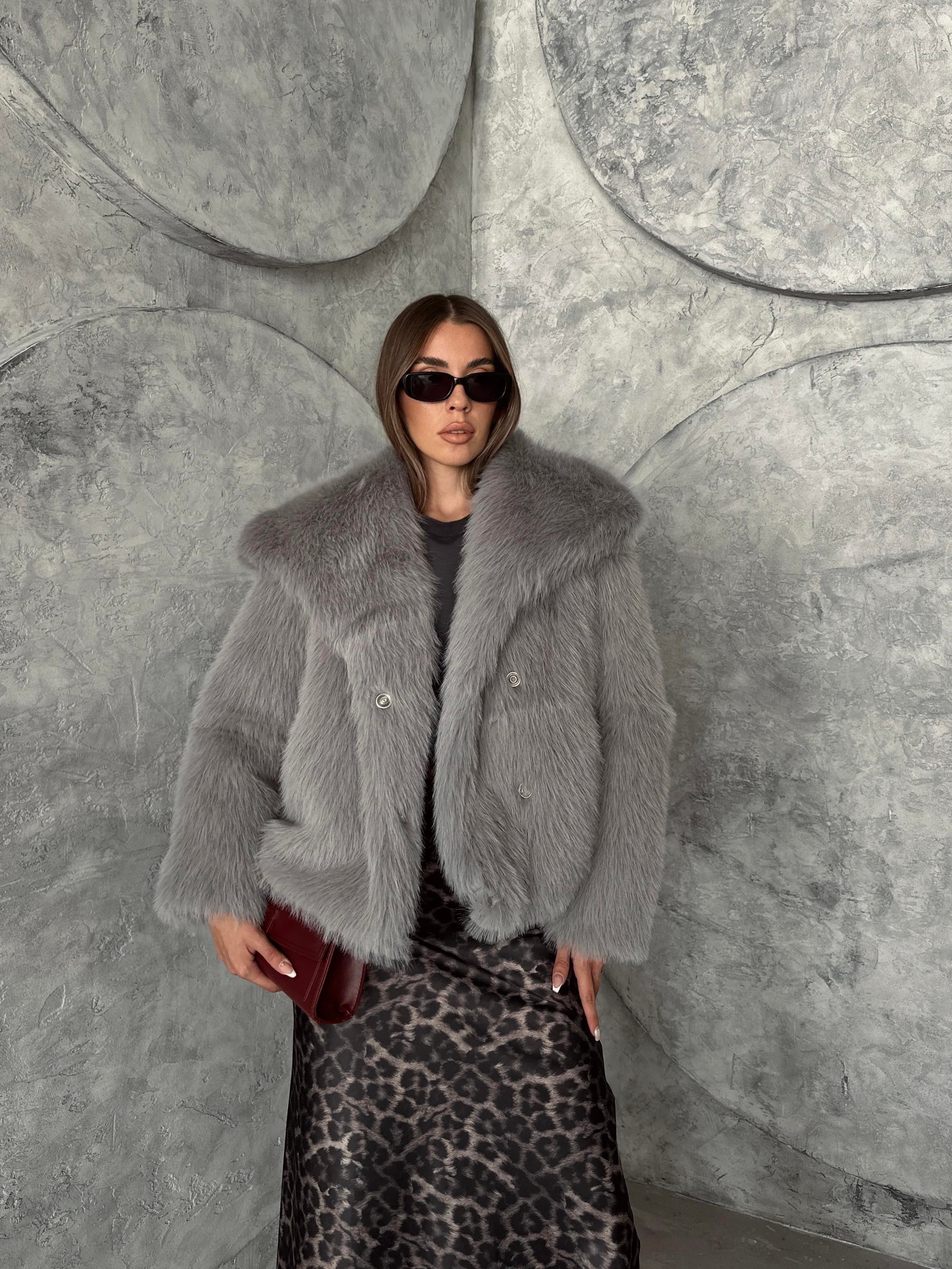 Geniş Yaka Premium Kürk Kaban Gri