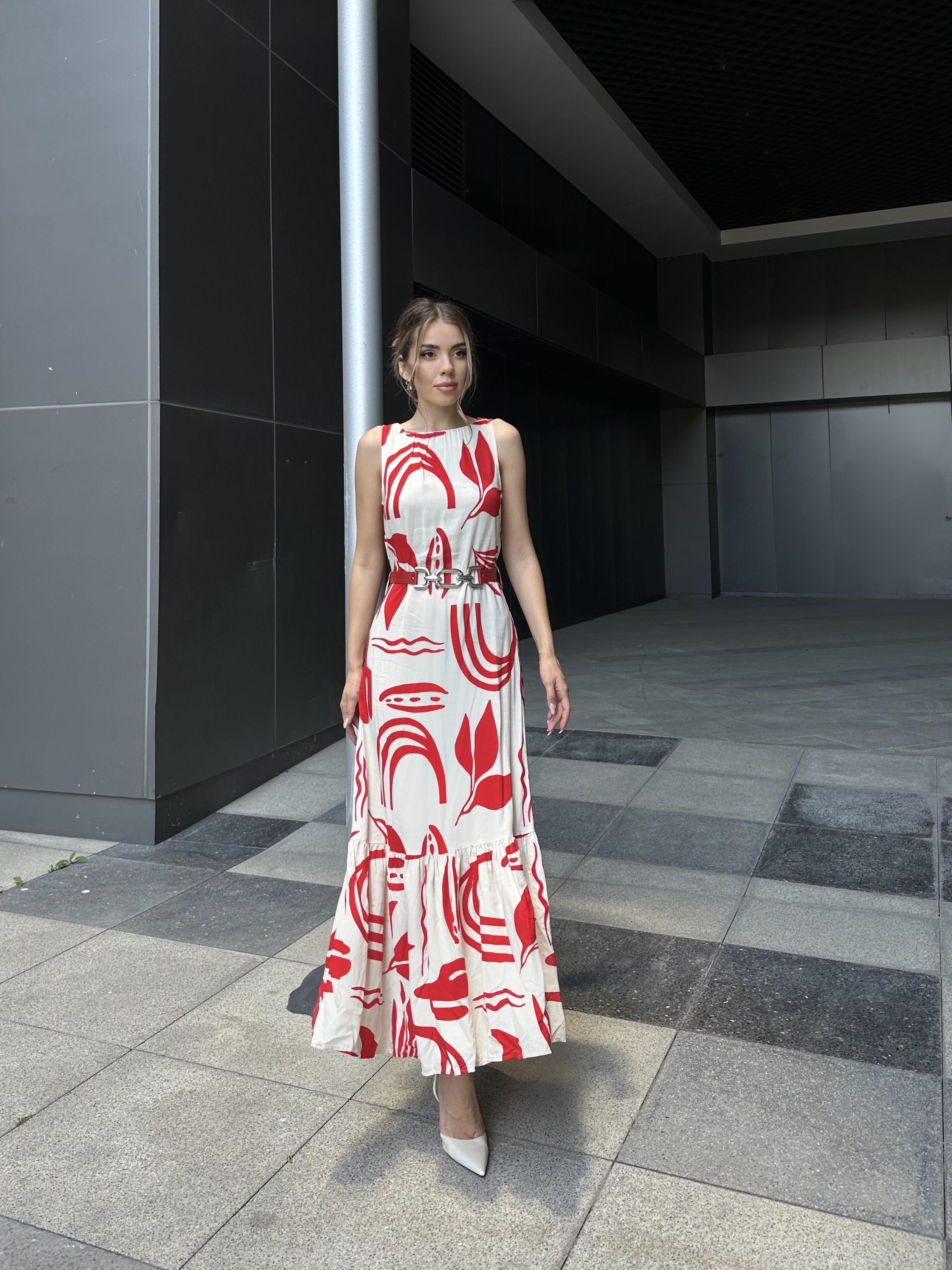 Kemerli Volanlı Desenli Viskon Elbise Kırmızı