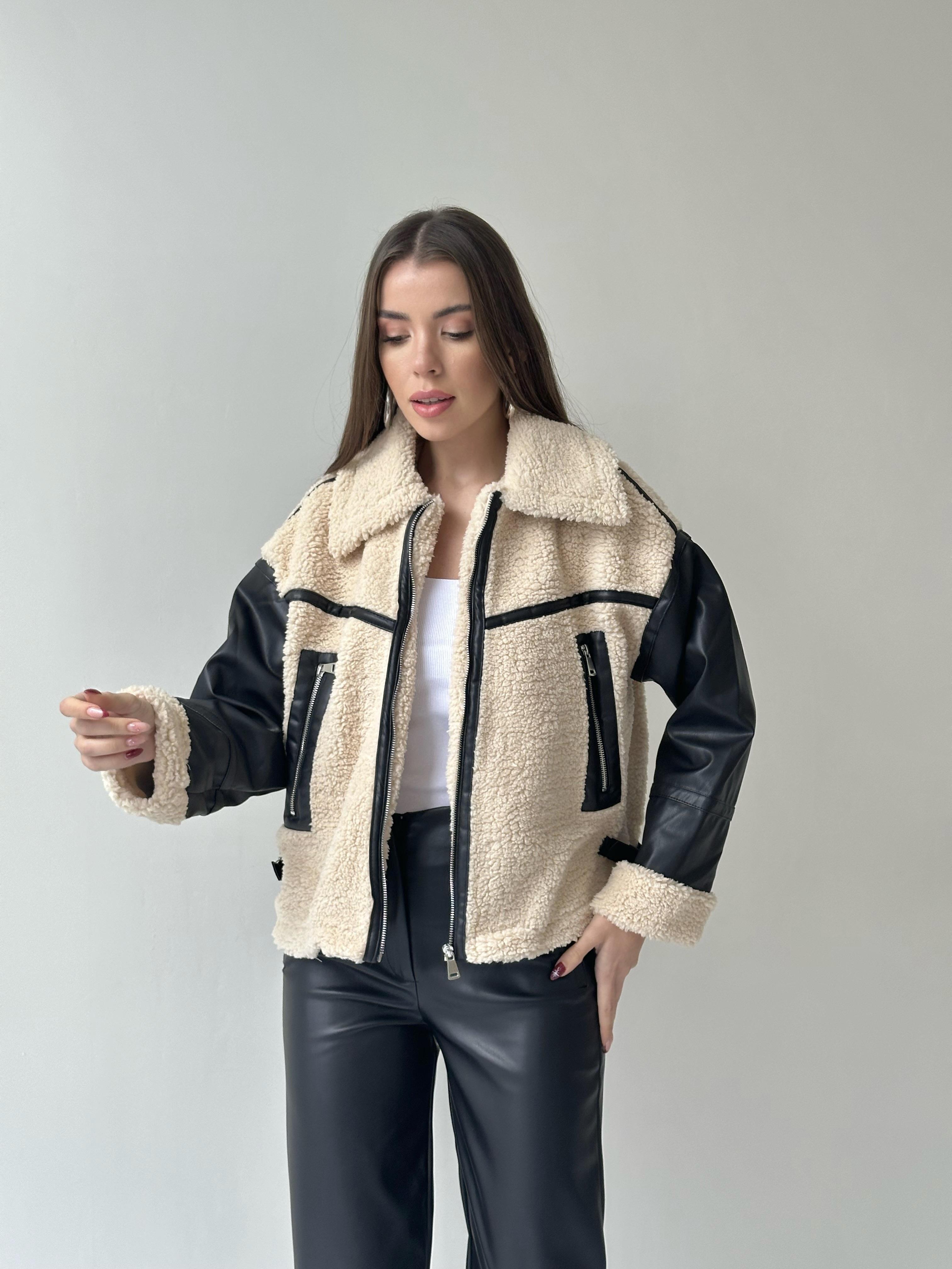 Kolları Deri Garnili Peluş Mont Bej