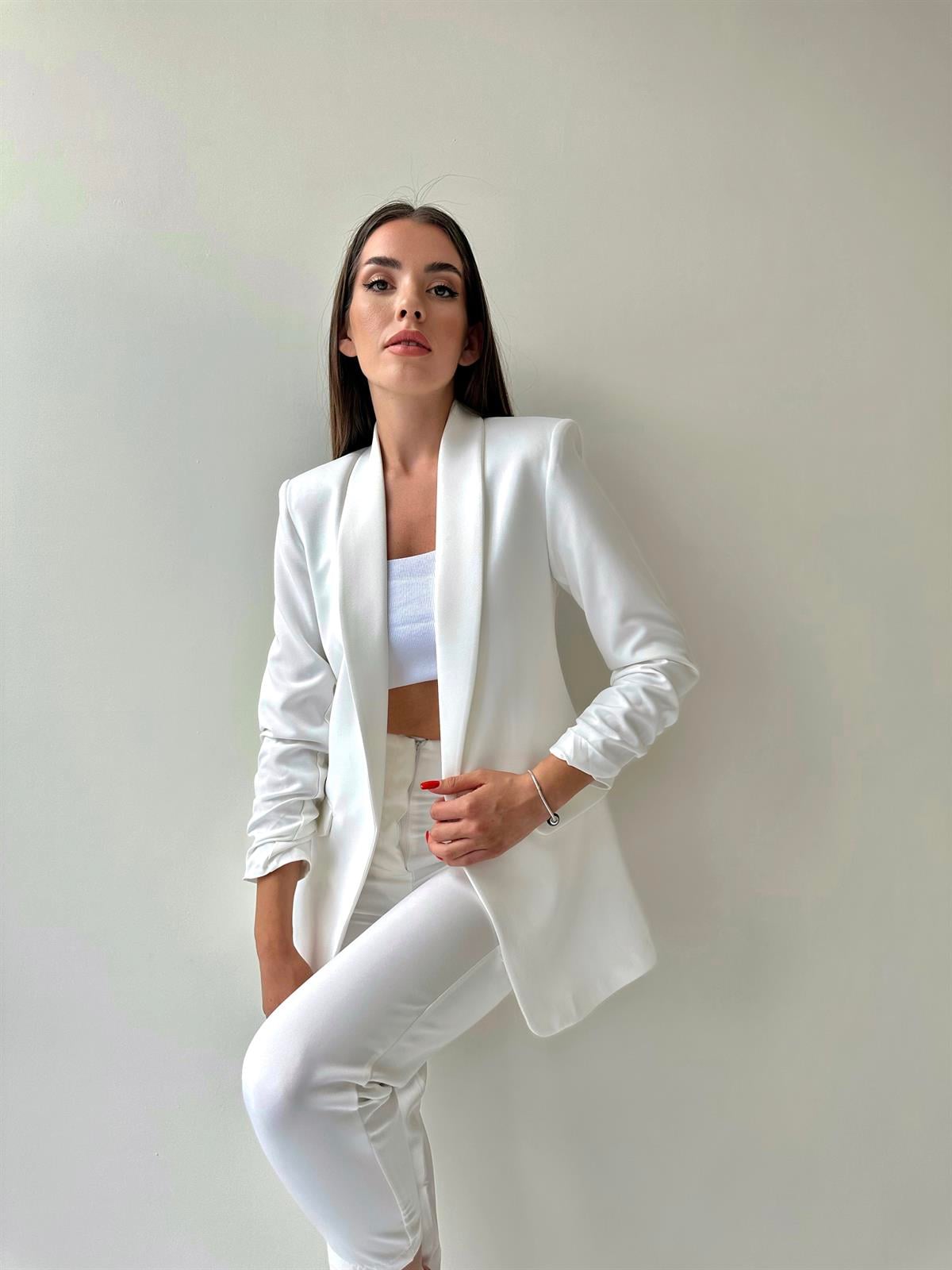 Kolu Büzgülü Blazer Ceket Ekru