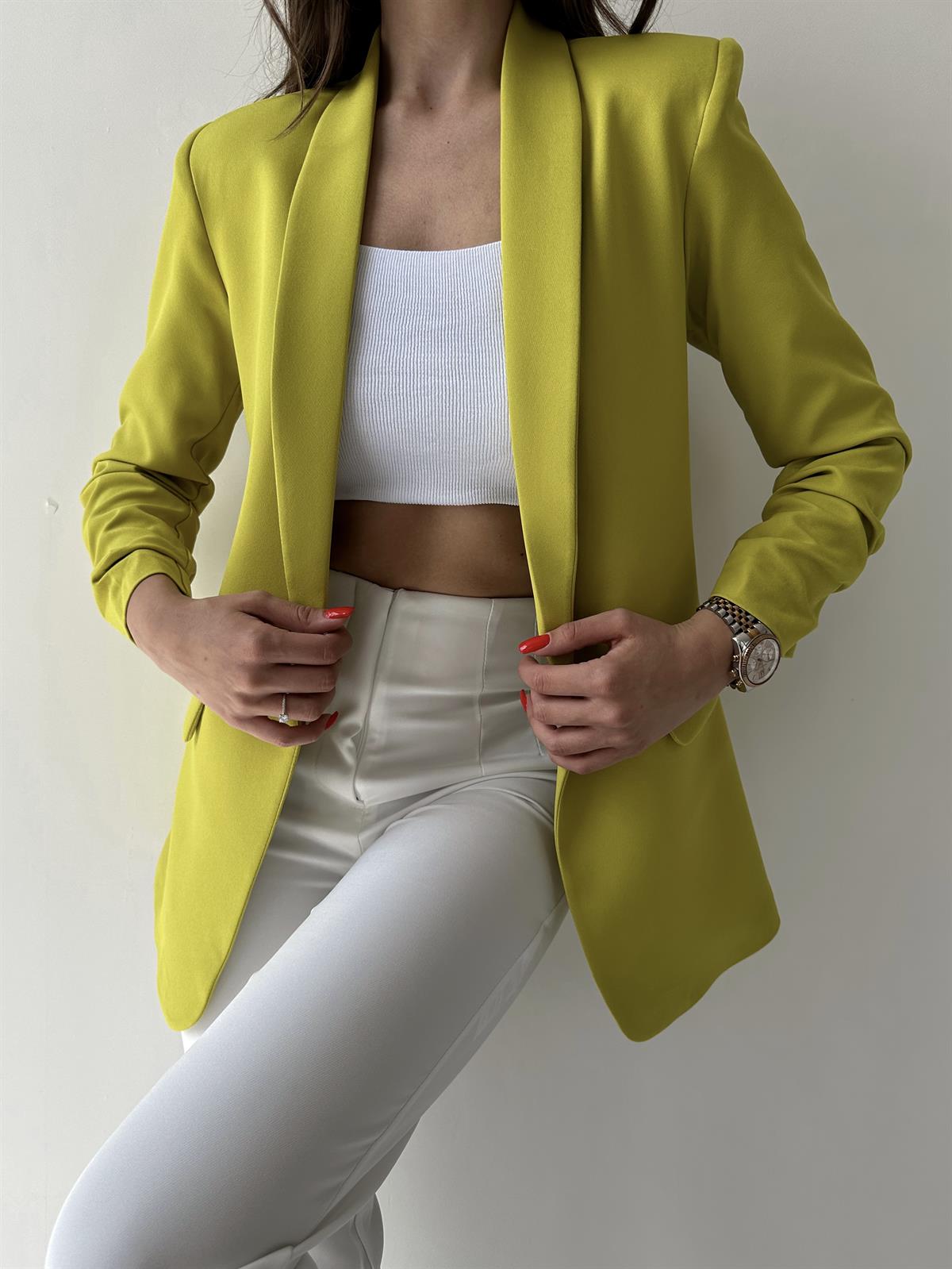 Kolu Büzgülü Blazer Ceket Yağ Yeşili