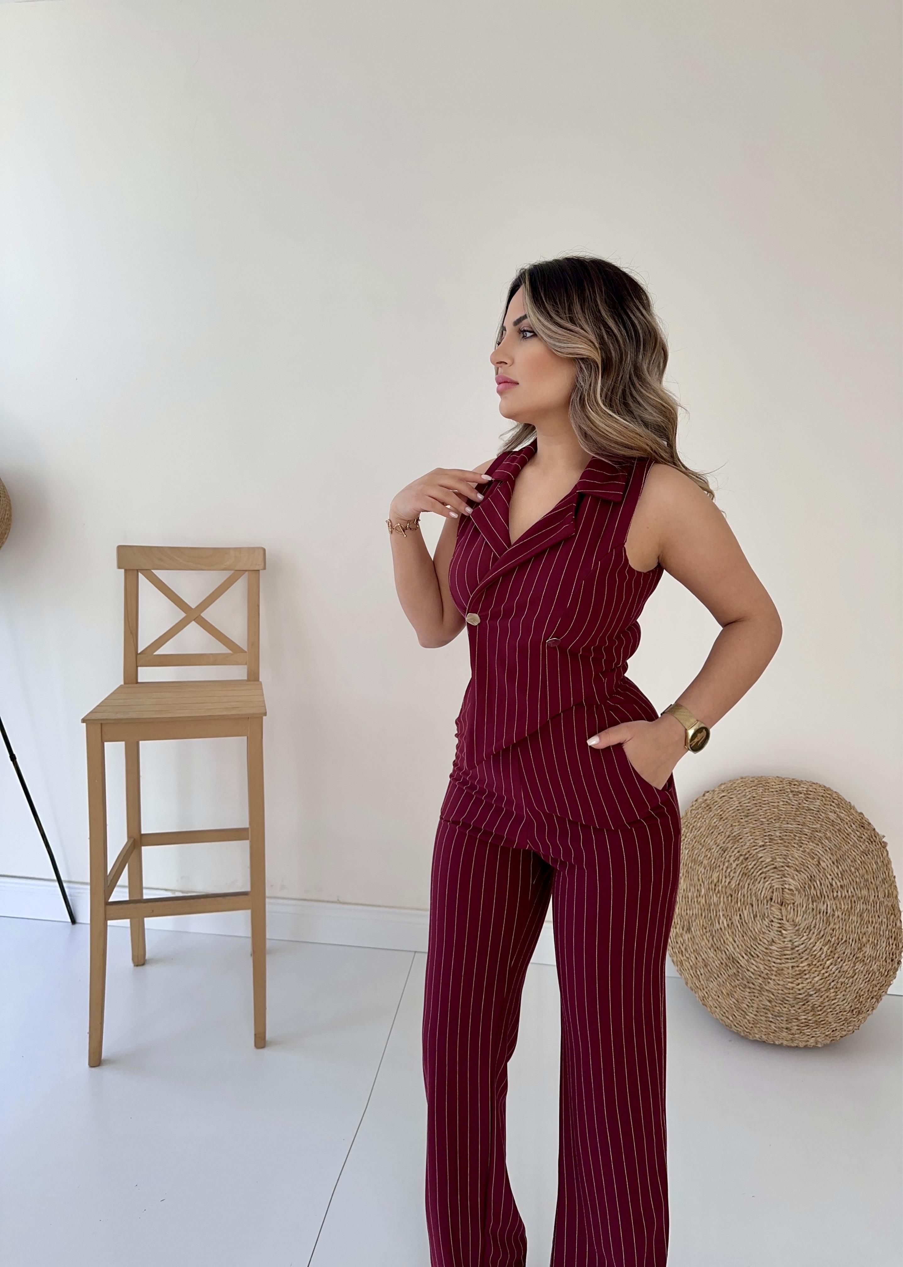 Kruvaze Tasarım Çizgili Tulum Bordo