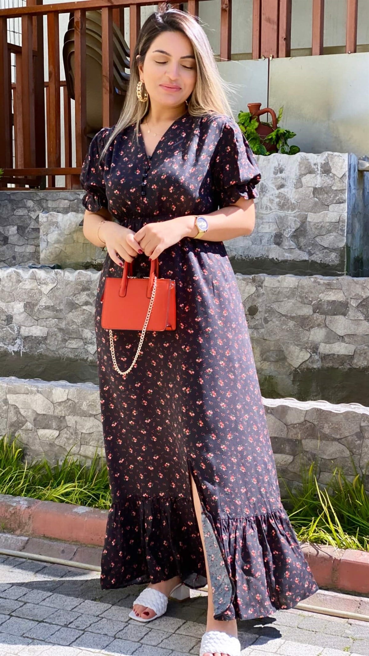 Manolya Yırtmaçlı Viskon Elbise Turuncu Siyah