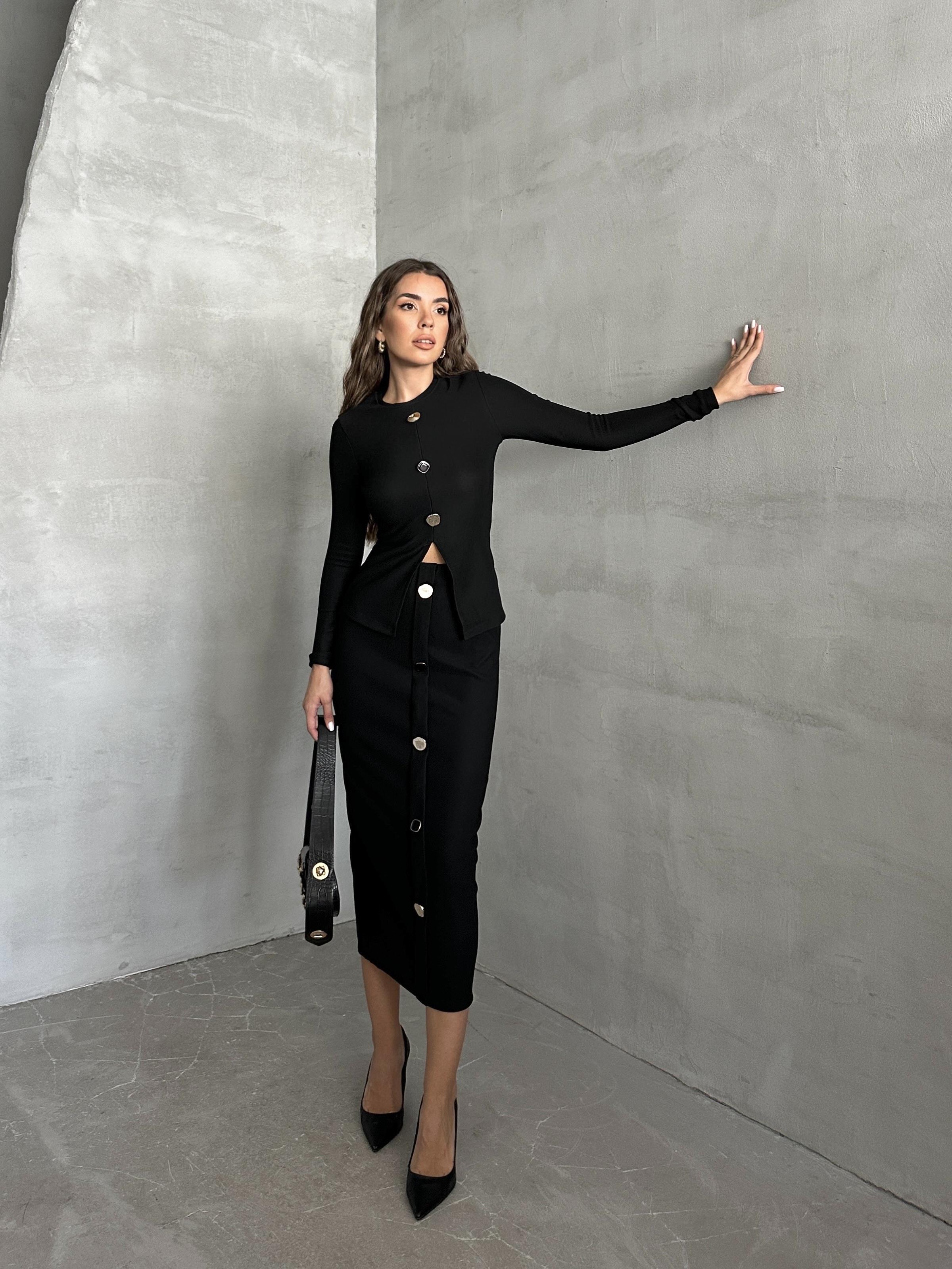 Önden Düğmeli Triko Etek Siyah