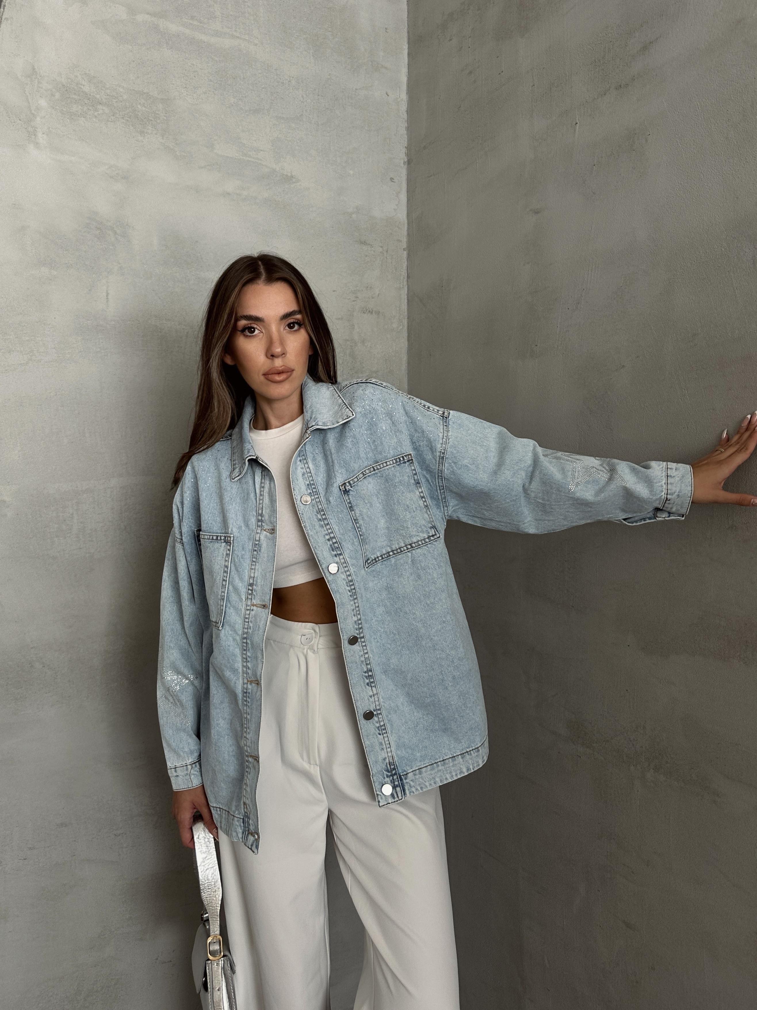 Tasarım Taşlı Kot Ceket Mavi