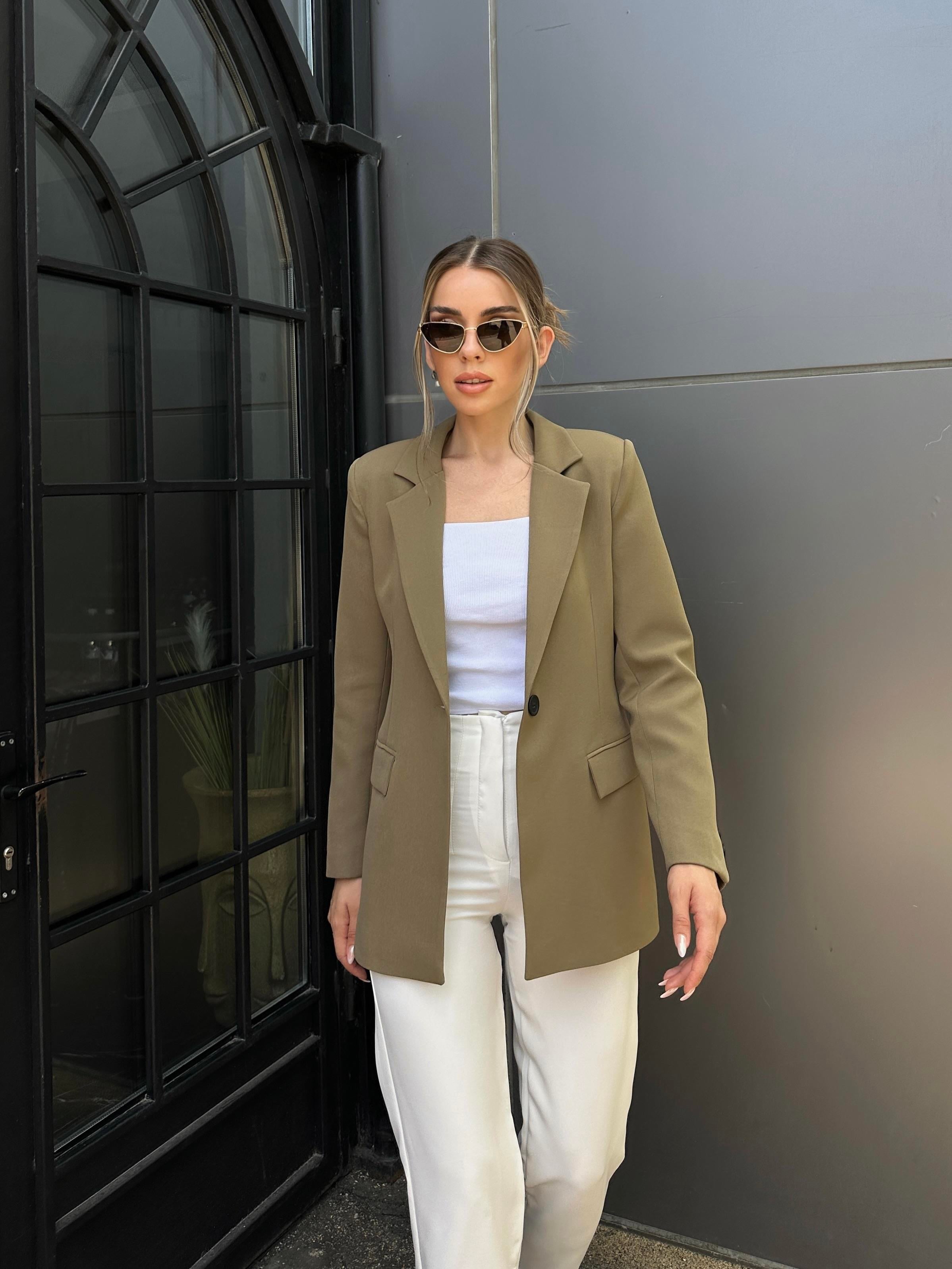 Tek Düğmeli Kol Detaylı Blazer Ceket Haki