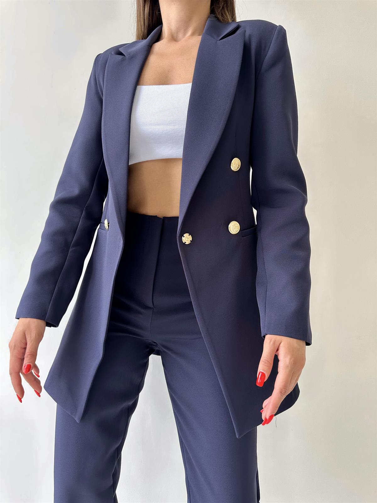 Uzun Gold Düğmeli Blazer Ceket Lacivert