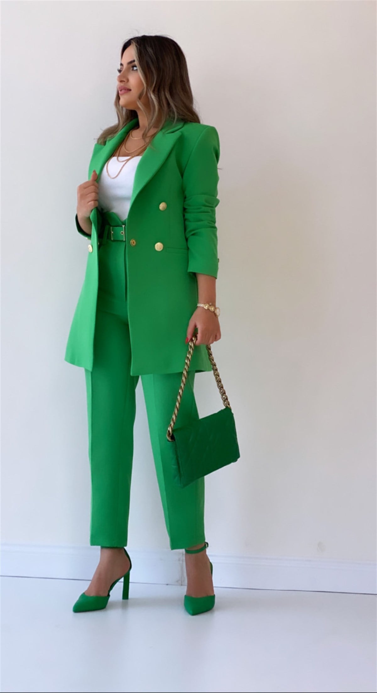Uzun Gold Düğmeli Blazer Ceket Yeşil