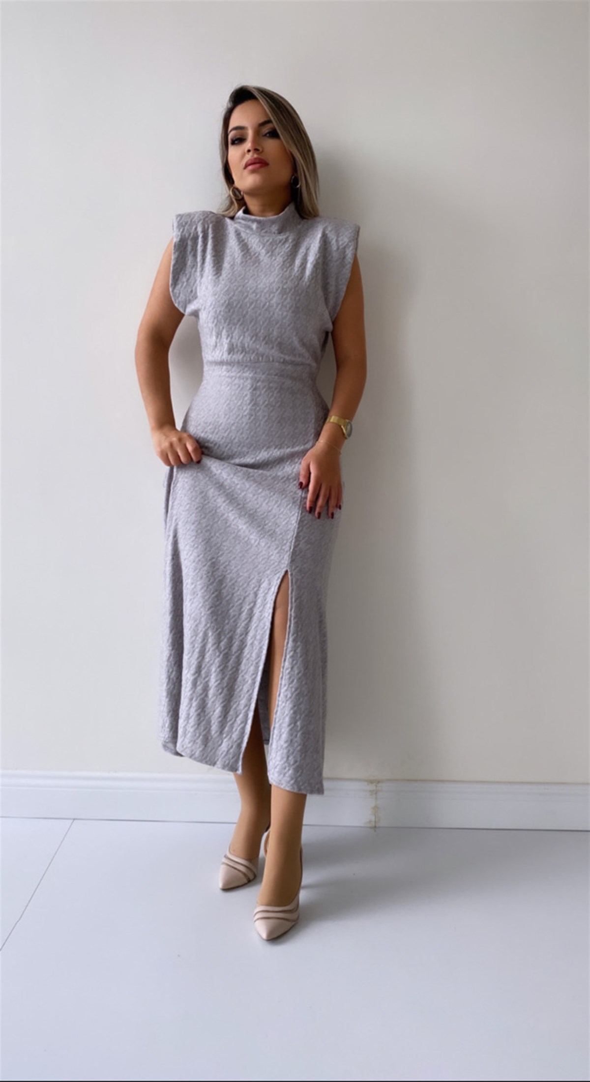 Vatkalı Balıkçı Yaka Yırtmaçlı Triko Elbise Gri