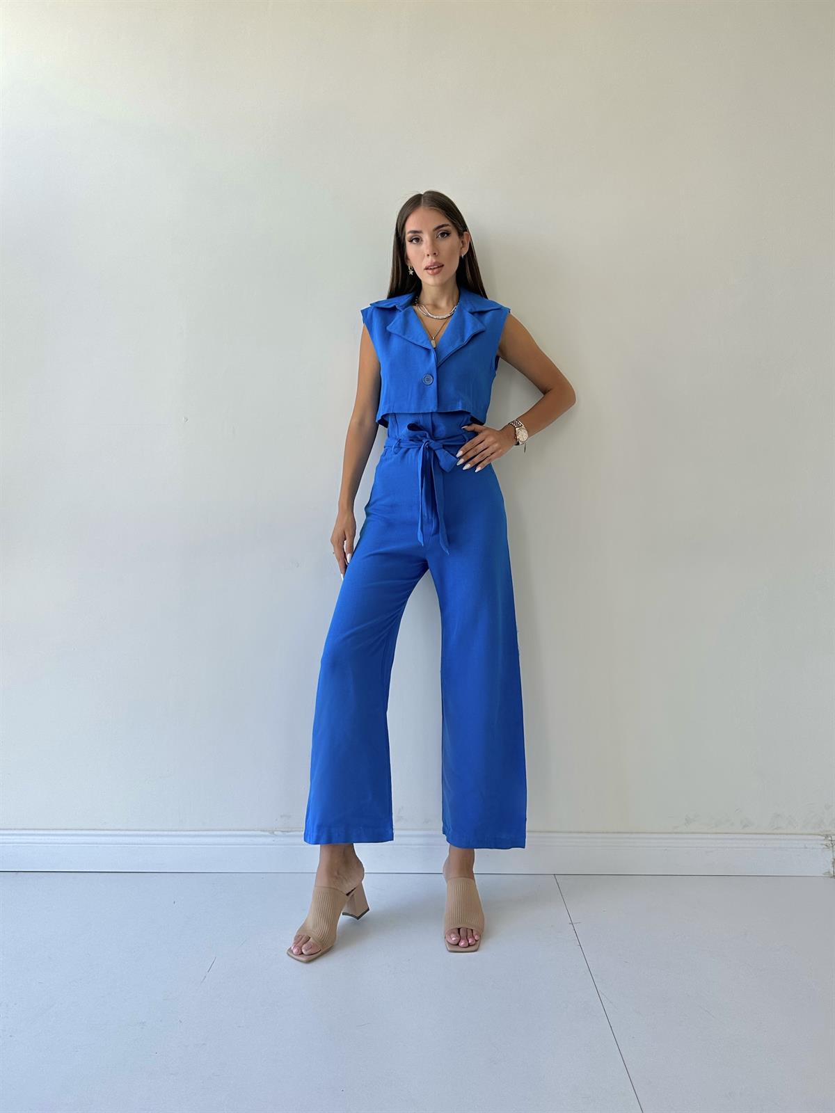 Yelekli Tasarım Keten Tulum Mavi