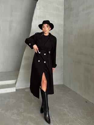 Apoletli Premium Kaşe Kaban Siyah