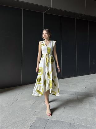 Asimetrik Volanlı Keten Elbise Yeşil