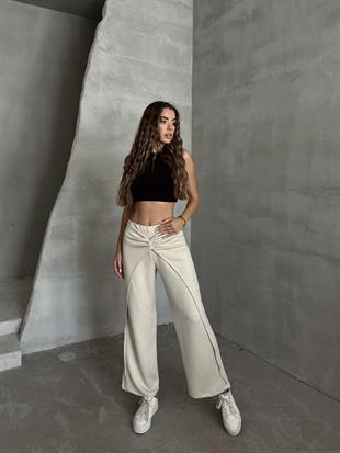 Bel Detaylı Salaş Pantolon Taş