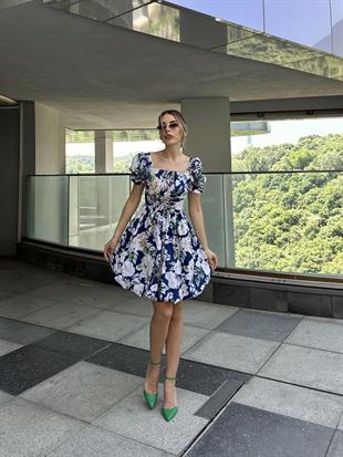 Bel Düğüm Detaylı Balon Elbise Mavi