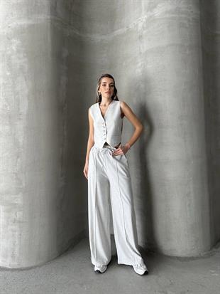 Beli Lastikli Polyviskon Pantolon Gri