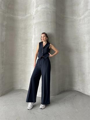 Beli Lastikli Polyviskon Pantolon Lacivert