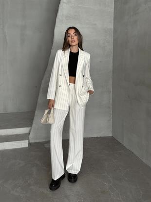 Çizgili Lüks Ceket Pantolon Takım Ekru