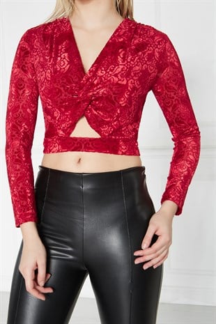 Desenli Kadife Bluz Kırmızı