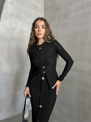 Düğme Detaylı Triko Bluz Siyah