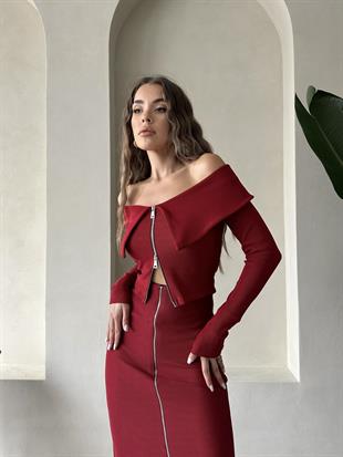 Düşük Yaka Fermuarlı Triko Bluz Bordo