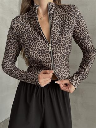 Fermuarlı Balıkçı Leopar Bluz Kahverengi