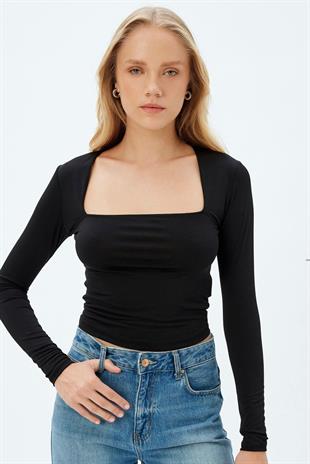 Kare Yaka Bluz Siyah