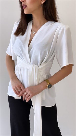 Kısa Kol Önü Kuşaklı Ayrobin Bluz Ekru