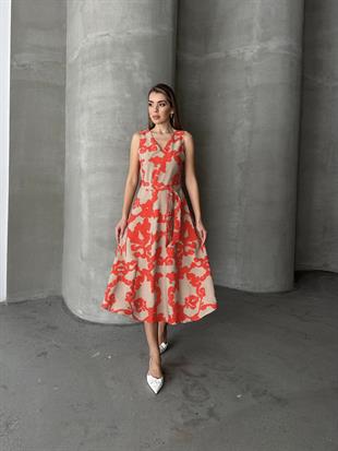 Kuşaklı Desenli Kalın Askılı Elbise Bej