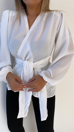 Kuşaklı Kruvaze Bluz Ekru