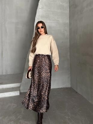Maxi Boy Saten Etek Leopar Kahverengi