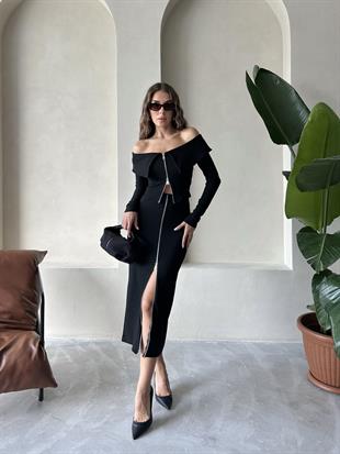 Önden Fermuarlı Triko Etek Haki