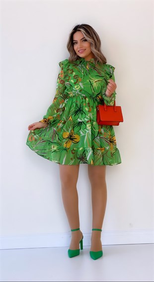 Papatya Fırfırlı Şifon Elbise Yeşil