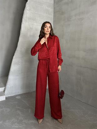 Parlak Desenli Gömlek Pantolon Takım Bordo