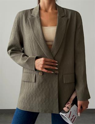 Pliseli Çift Düğme Oversize Ceket Haki