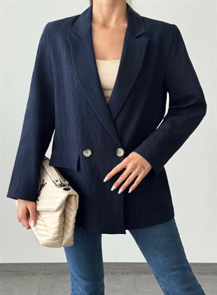 Pliseli Çift Düğme Oversize Ceket Lacivert