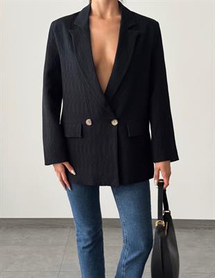 Pliseli Çift Düğme Oversize Ceket Siyah