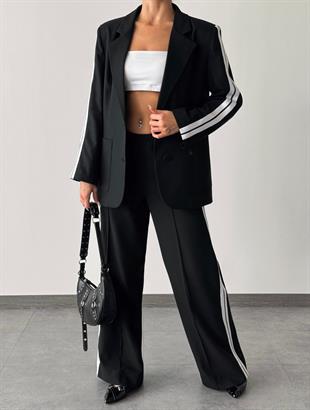 Şeritli Tasarım Pantolon Ceket Takım Siyah