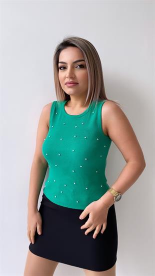 Serpme Taşlı Triko Bluz Yeşil