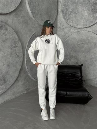 Üç İplik Tasarım Biyeli Eşofman Takımı Ekru