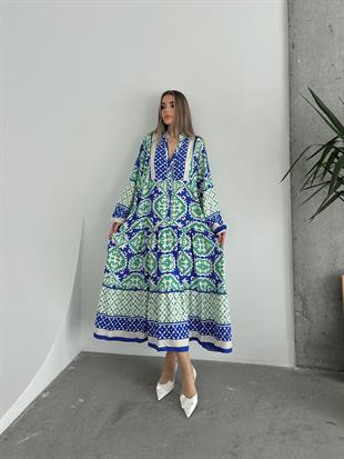 Yakası Düğmeli Çok Renkli Salaş Viskon Elbise Mavi