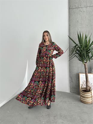 Yakası Düğmeli Çok Renkli Salaş Viskon Elbise Siyah