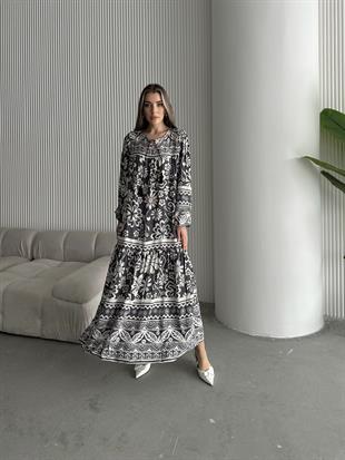 Yakası İpli Salaş Desenli Viskon Elbise Antrasit