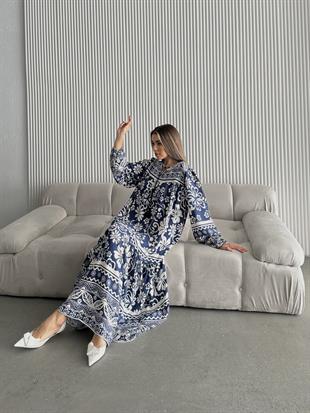 Yakası İpli Salaş Desenli Viskon Elbise