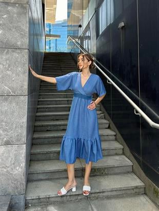 Yarasa Kol Beli İşlemeli Keten Elbise Mavi