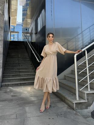 Yarasa Kol Beli İşlemeli Keten Elbise Bej