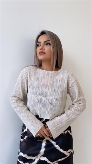Yazlık Ajurlu Kısa Triko Bluz Bej